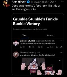 an animated tweet with the caption grumple stinkle's funkyle victory