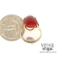 This modern 14 karat yellow gold design holds an oval cabochon of increasingly rare red coral. The natural coral has a vibrant red color with little to no mottling. The coral displays even color with slight growth lines near a prong. The ring is a semi free form design with the mounting offering support to the coral. The stone is secured with 4 prongs and is size 7. Classic Red Oval Cabochon Signet Ring, 14k Gold Cabochon Red Ring, 14k Gold Red Cabochon Ring, 14k Gold Rings With Red Cabochon, Oval Cabochon Red Ruby Ring In 14k Gold, Red Ruby Oval Cabochon Ring In 14k Gold, Red Cabochon Ruby Ring In 14k Gold, 14k Gold Red Cabochon Ruby Ring, Red Carnelian Oval Cabochon Ruby Ring