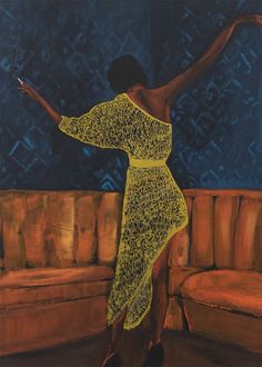 a painting of a woman in a yellow dress standing on a couch with her arms outstretched