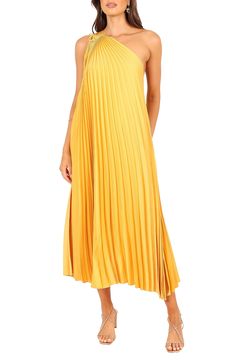 Allover pleats lend graceful movement to this shoulder-baring maxi designed in a glamorous golden hue. Slips on over head One-shoulder neck Lined 100% polyester Hand wash, dry flat Imported One Shoulder Long Dress Chiffon, Maxi Design, Fall Wedding Guest Dress, One Shoulder Midi Dress, Dress One Shoulder, Usa Dresses, Satin Midi Dress, Women Maxi, Midi Length Dress