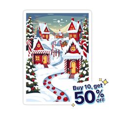 a sticker with a christmas village on it's side and the words buy 10 get 50 % off