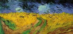 a painting of a wheatfield with crows flying over it and birds in the sky