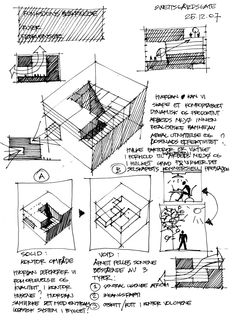 some sketches for an architectural project, including the interior and exterior areas in which people can see