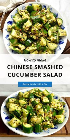 a white plate topped with cucumber salad next to another plate filled with cucumbers