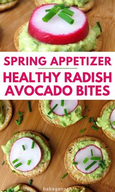 some appetizers with radish and avocado on them are ready to be eaten