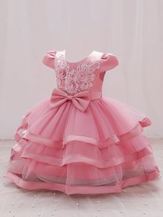 Christmas/Occasional Toddler Girls' Layered Tulle Party Dress, Pink Princess Gown For Birthday/Wedding Pink   Sleeveless Woven Fabric Floral,Plants Fit and Flare Non-Stretch  Baby Girls Clothing, size features are:Bust: ,Length: ,Sleeve Length: Gown For Birthday, Pink Princess Gown, Party Dress Pink, Tulle Party Dress, Wedding Pink, Princess Gown, Pink Baby Girl, Ruffle Hem Dress