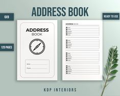 the address book is next to a plant with leaves on it and instructions for each page