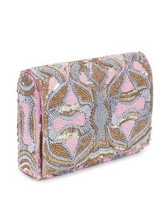 Hand embroidered clutch bag with detachable chain. Composition: Raw Silk Size: 7.5" x 5.5" x 2" Unique Work: Hand-embroidered Luxury Spring Clutch Shoulder Bag, Luxury Pink Embroidered Bag, Luxury Embroidered Pink Bag, Luxury Pink Bags With Floral Embroidery, Luxury Spring Clutch Bag, Luxury Multicolor Clutch As A Gift, Luxury Hand Embellished Pink Bag, Luxury Pink Hand-embellished Bag, Pink Rectangular Clutch