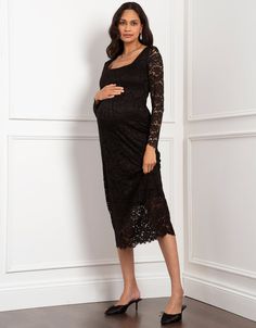 Midi, dress, midi dress, maternity, maternity dress, lace, stretch, bodycon, lined, scallop hem, square neck, soft, tailoring, black, thalia Bodycon Maternity Dress, Postpartum Dresses, Soft Tailoring, Dress Maternity, Scallop Hem, Baby Shower Dresses, Shower Dresses, Lace Bodycon, Nursing Dress