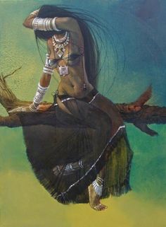 a painting of a woman sitting on top of a tree branch with her hair blowing in the wind