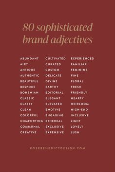 80 sophisticated brand adjectives Brand Naming Inspiration, Luxury Words List, Brand Values List, Luxury Fashion Color Palette, Brand Personality Adjectives, Luxury Brand Management, Luxury Brand Marketing, One Word Brand Name Ideas, Business Adjectives