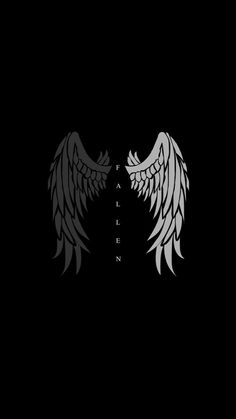 two black and white angel wings on a dark background with the word written in it