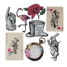 several cards with different designs on them, including an image of a clock and a rose