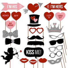 valentine's day photo booth props with hearts, mustaches and glasses on sticks