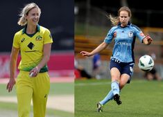 two women are playing soccer on the field and one is running with the ball in her hand