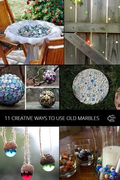 the collage shows different ways to use old marbles in crafts and projects for home decor