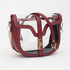 Clear See Through Transparent Casual Simple Fashion Handbag Purse Saddle Shoulder Bag Gold Metal Hardware Bag Size : 8" X 7" X 3" Strap Size : 27" L, Detachable Turn Closure Color: Clear , Burgundy Womens Fashion Statement Accessory Bag Amazon Employee Worker / Stadium / Concerts B 10612 B Trendy Red Bags With Clear Strap, Chic Clear Shoulder Bag, Rectangular Shoulder Bag With Transparent Straps, Chic Shoulder Bag With Clear Strap, Chic Clear Shoulder Bag With Clear Strap, Chic Clear Bag With Detachable Strap, Chic Clear Bags With Detachable Strap, Red Rectangular Bag With Clear Strap, Chic Rectangular Satchel With Clear Strap