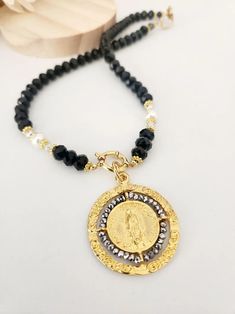 Virgin of Guadalupe Medal Necklace in Black Beaded Necklace Religious Jewelry, Catholic Gifts, Women's Christmas Gift - Etsy Puerto Rico Gold Beaded Necklace For Christmas, Christmas Gold Beaded Necklace, Catholic Christmas Gifts, Religious Jewelry Catholic, Catholic Christmas, Black Beaded Necklace, Virgin Of Guadalupe, Wire Cuff, Black Bead Necklace