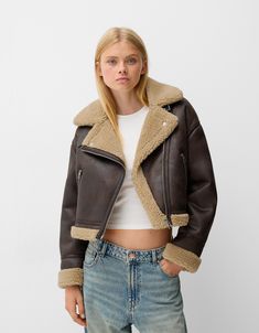 Faux shearling biker jacket - BSK Teen Brown Coat Women, Plain Coats, Flattering Jeans, Collared Coat, Women's Coats & Jackets, Faux Leather Jackets, Go Out, Nice Tops, Capsule Wardrobe