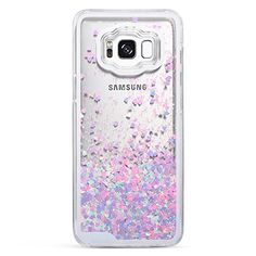 the back of a samsung phone case with pink and blue glitters on white background