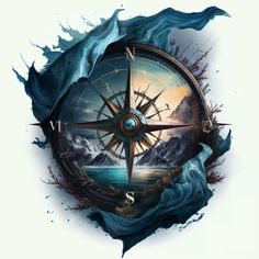 a compass with water splashing around it and mountains in the background, as well as an ocean wave