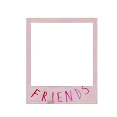 a pink photo frame with the words friends written on it, and a white background