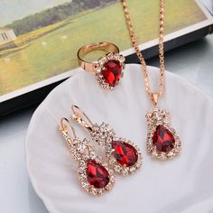 Red Jewelry Set, Cocktail Party Outfit, Rhinestone Jewelry Set, Crystal Wedding Jewelry, Gold Bridal Jewellery Sets, Crystal Jewelry Sets, Necklace Ring, Women's Jewelry Sets, Red Jewelry