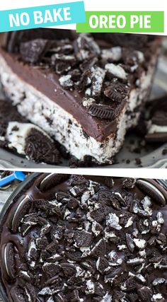 no bake oreo pie is shown in two different pictures