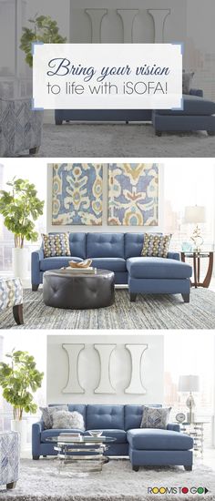 three different views of a living room with blue couches and white walls in the background