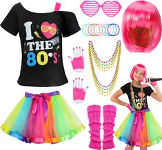 a girl with pink hair and accessories for her birthday party, including t - shirt