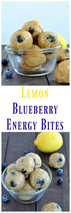 lemon blueberry energy bites in a glass bowl on top of a wooden table next to bananas