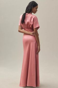 BHLDN Leila is a chic satin dress with a deep V neckline + flutter sleeves. This style is on sale and is not available in-store. Minor wear and tear may be present. Condition may vary per gown. All sales are final. Dress Preservation, Wedding Dress Preservation, Sparkly Wedding Dress, Draped Bodice, Anthropologie Wedding, Pink Wedding Dresses, Wedding Dresses With Flowers, Column Gown, Plunge Neckline