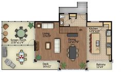 the floor plan for a two bedroom apartment with an attached kitchen, living room and dining area