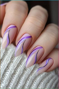 Discover the latest trend in manicures with our guide to marble nails. Learn how to achieve the look and get ready to turn heads with your stunning and chic new nails. Purple Nails Elegant, Almond Nails Purple Design, Nail Art With Lines, Light Purple Nail Art, Purple Gel Nail Designs, Nail Art Designs Wedding, Springtime Nails, Purple Nail Art Designs, Light Purple Nails