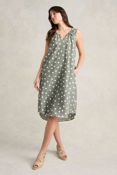 You’ll be seeing spots in our new Gathered French Linen Dress. Crafted from 100% French Linen in a relaxed fit, this dress is a new sleeveless design that features hidden pockets and a curved hem. Lightweight and breathable, it is available in an Olive Polka Dot, perfect for your next stroll à Paris! Latest Colour, Dress Home, French Linen, Womens Clothing Sizes, Linen Dress, Xl Dress, Dresses Xs, Midi Length, Childrens Clothes