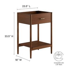 the side table is shown with measurements for each drawer and one drawer on it's side