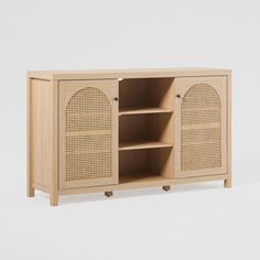 the sideboard is made out of wood and has an open door on one side