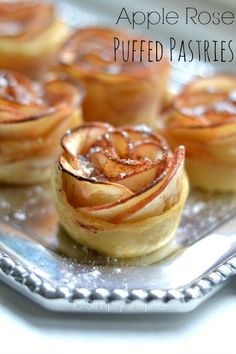 apple rose puffed pastries on a silver platter with text overlay that says, apple rose puffed pastries