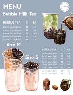 the menu for bubble milk tea is shown in three different sizes and colors, including blueberries