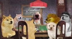 a group of dogs sitting around a table with poker cards on it and one dog is looking at the camera