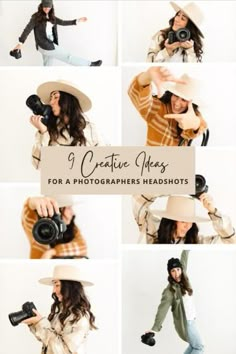 a woman wearing a hat and holding a camera in front of her face with the caption i creative lens for photographers headshots