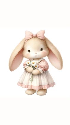 a painting of a little bunny holding a bouquet of daisies in her hands and wearing a pink dress