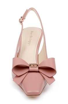 Signature logo hardware centers the voluminous bow on a slingback leather pump balanced by a slender toe and tapered heel. 2 3/4" heel Adjustable slingback strap with buckle closure Leather upper, lining and sole Imported Feminine Pink Slingback Pumps With Sculpted Heel, Elegant Pink Heels With Bow Straps, Pink Leather Feminine Slingback Pumps, Chic Pink Block Heel Slingback Pumps, Feminine Pink Leather Slingback Pumps, Pink Leather Heels With Bow, Luxury Formal Slingback Pumps With Bow Straps, Pink Chic Slingback Pumps With 4-inch Heel, Luxury Slingback Pumps With Bow