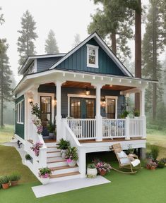 a small white house with porch and stairs