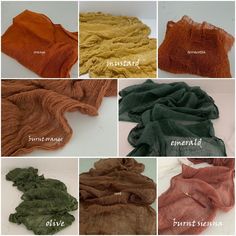 the different colors of scarves are shown in multiple pictures, each with their own name