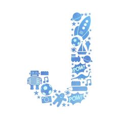 the letter j is made up of different types of objects and symbols in blue on a white background