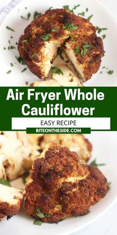 an air fryer whole cauliflower is cut in half on a white plate