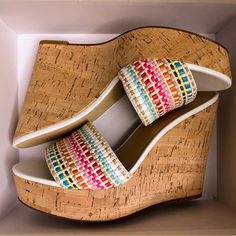 These Wedge Sandals Are Crafted Of Multicolored Raffia With A Cork Sole. -Leather/Raffia Upper -Open Toe -Slip-On Style -Synthetic Sole -Imported Size -Wedge Heel, 4.75" (121mm) -Platform Height, 1.5" Brand New In Box; Pet Friendly, Smoke Free Home. White Straw Wedge Sandals With Woven Sole, Multicolor Wedge Heel Sandals With Woven Sole, Multicolor Leather Wedge Sandals For Beach, Multicolor Wedge Heel Espadrilles For Summer, Multicolor Open Toe Espadrilles, Chic Multicolor Wedge Heel Sandals, Chic Multicolor Synthetic Wedge Sandals, Chic Multicolor Wedge Sandals, Beige Espadrilles