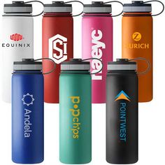 six different colored water bottles with the same logo on them