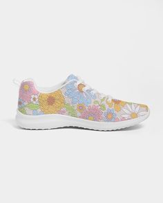 Women's Flyknit Spring Pastel Daisy Floral Sneakers These ultra-comfortable fly-knit shoes will give you a remarkable walking experience. Featuring a unique and captivating retro 70s Pastel Daisy Floral print, they will add a splash of vibrant style to your wardrobe. Take a cozy stroll while feeling like you're walking on air with these ultra-lightweight shoes - perfect for spring and summer travels. Product Details Featuring a lace-up front, breathable lining and soft insole for optimal fit, yo Daisy Shoes, Lightweight Shoes, Swim Leggings, Perfect Leggings, Vibrant Style, Floral Sneakers, Spring Pastels, Long Sleeve Swimsuit, Knit Shoes